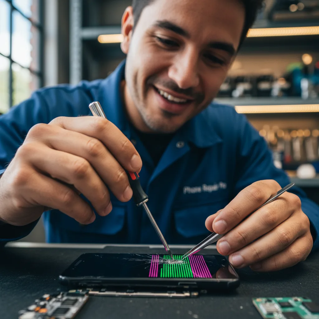 [Samsung phone displaying bright green and pink vertical lines on a black background]