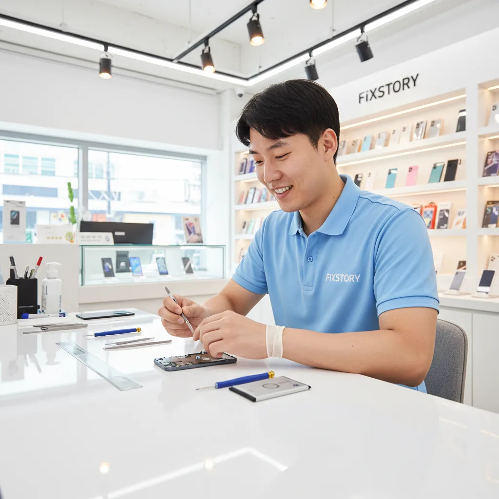 A clean, organized workbench at FIXSTORY with tools laid out for a Samsung phone battery replacement.