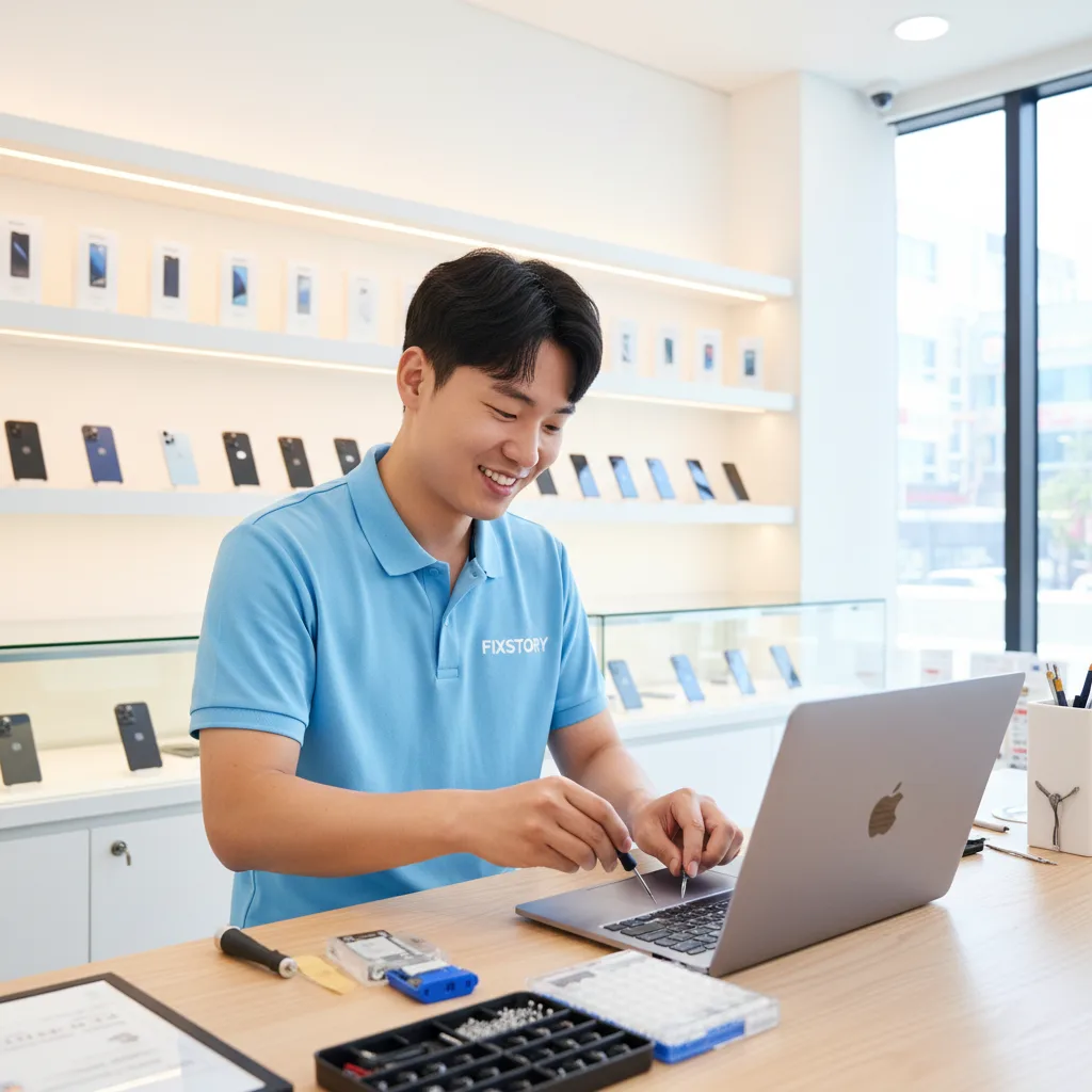 FIXSTORY technician carefully replacing a MacBook battery at a clean workstation