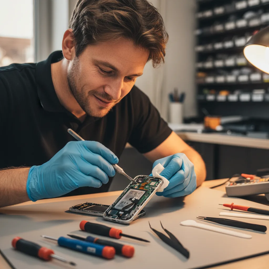 technician's gloved hands using a precision scraper and alcohol wipe to clean the last bits of old adhesive off an iPhone frame