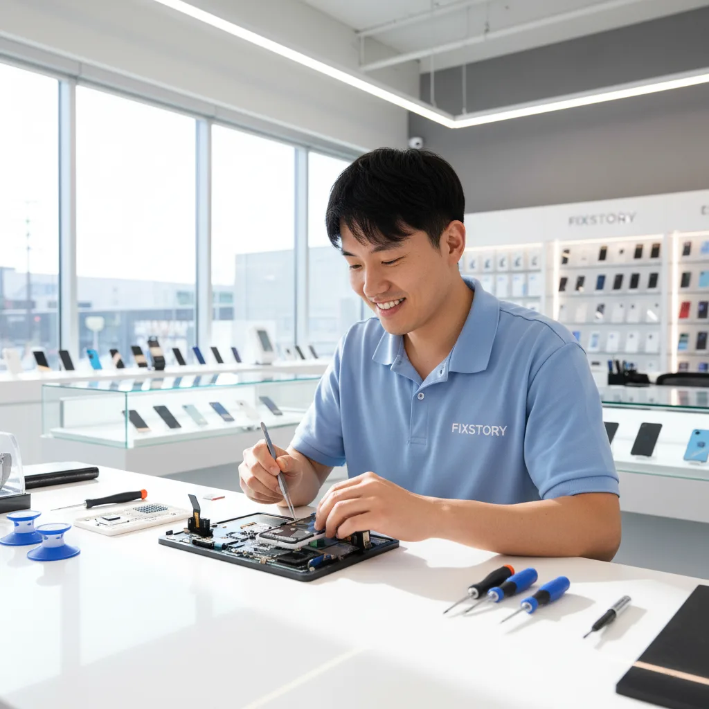 A FIXSTORY technician in a blue polo shirt carefully replacing an iPhone screen at a well-lit repair bench in the DTLA shop