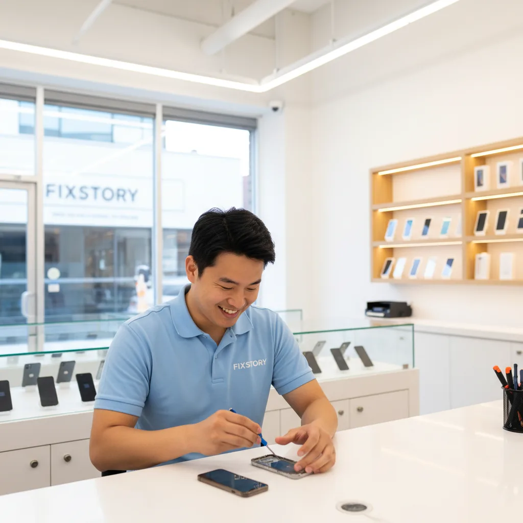 The exterior of the FIXSTORY shop in Downtown LA, looking clean and professional, welcoming customers.