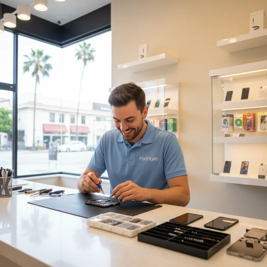 The FIXSTORY storefront in Downtown Los Angeles, with a blurred street scene in the background.
