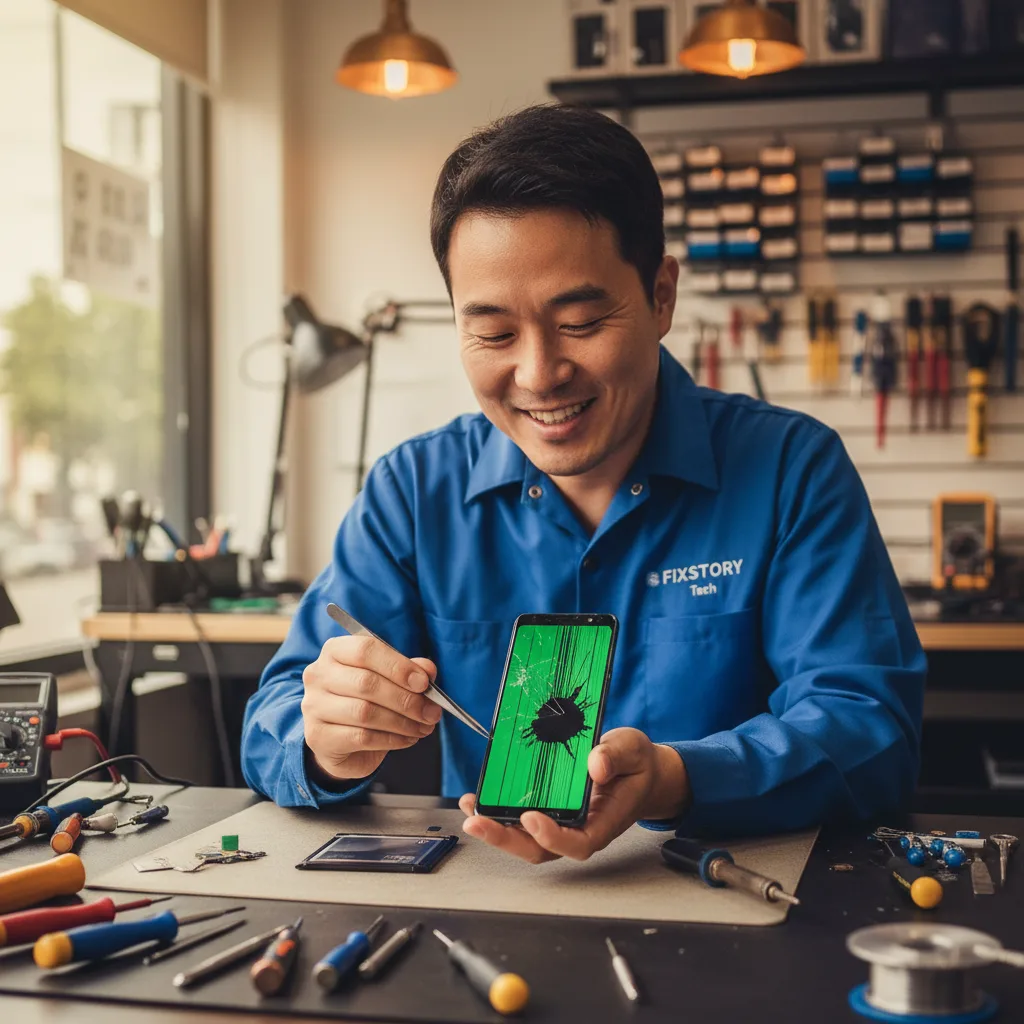 Close-up shot of a technician in Downtown LA carefully inspecting a Samsung phone screen with green lines and black spots