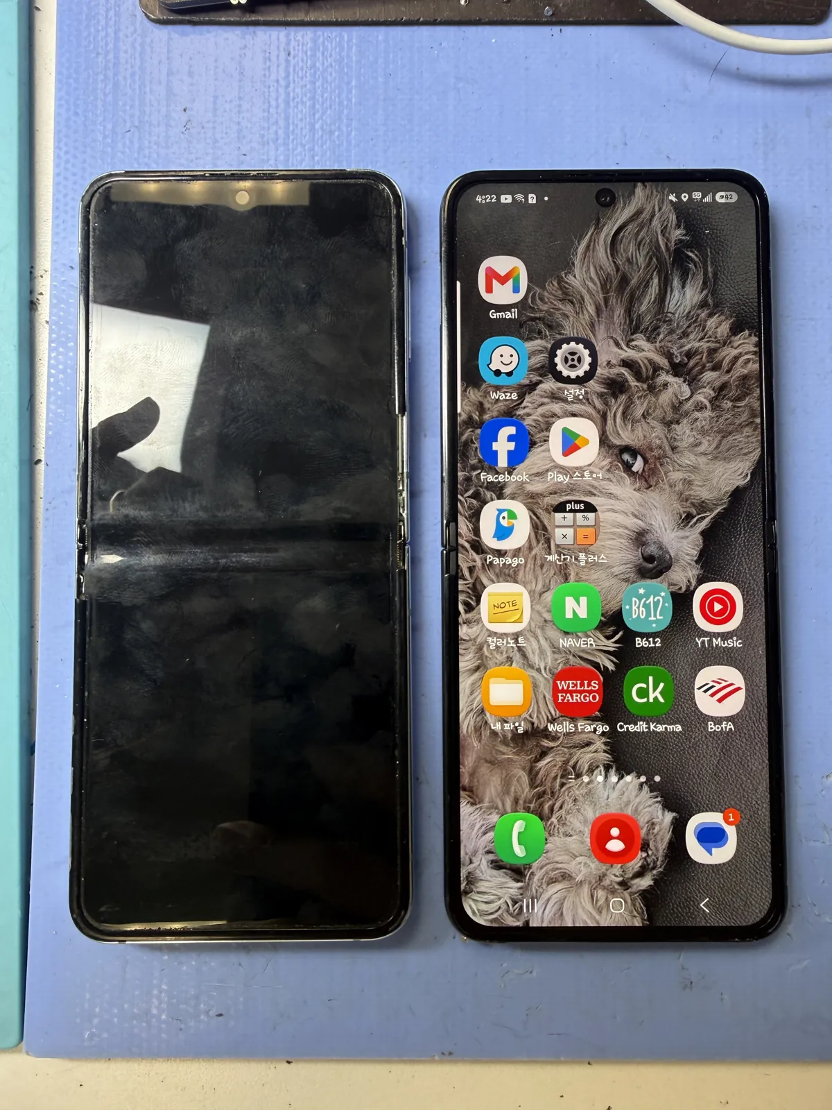 Galaxy Z Flip 5 old screen with dead touch next to the phone running on its new display at a Los Angeles repair bench
