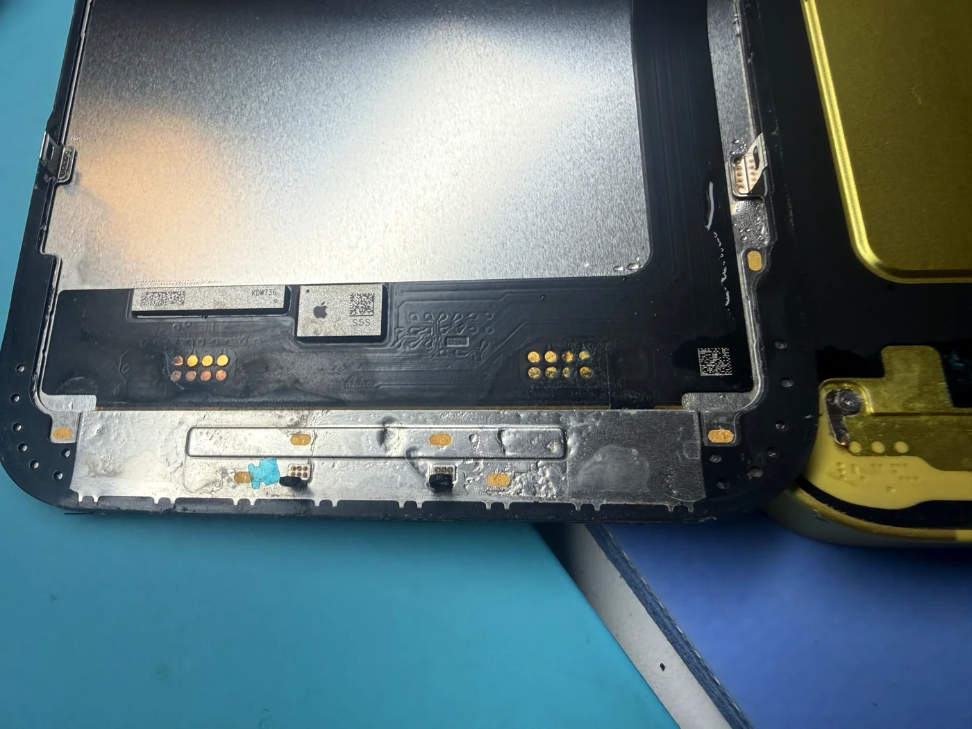 Close-up of water stains and corrosion on the lower shield and flex area of a water-damaged iPhone 14 Plus screen