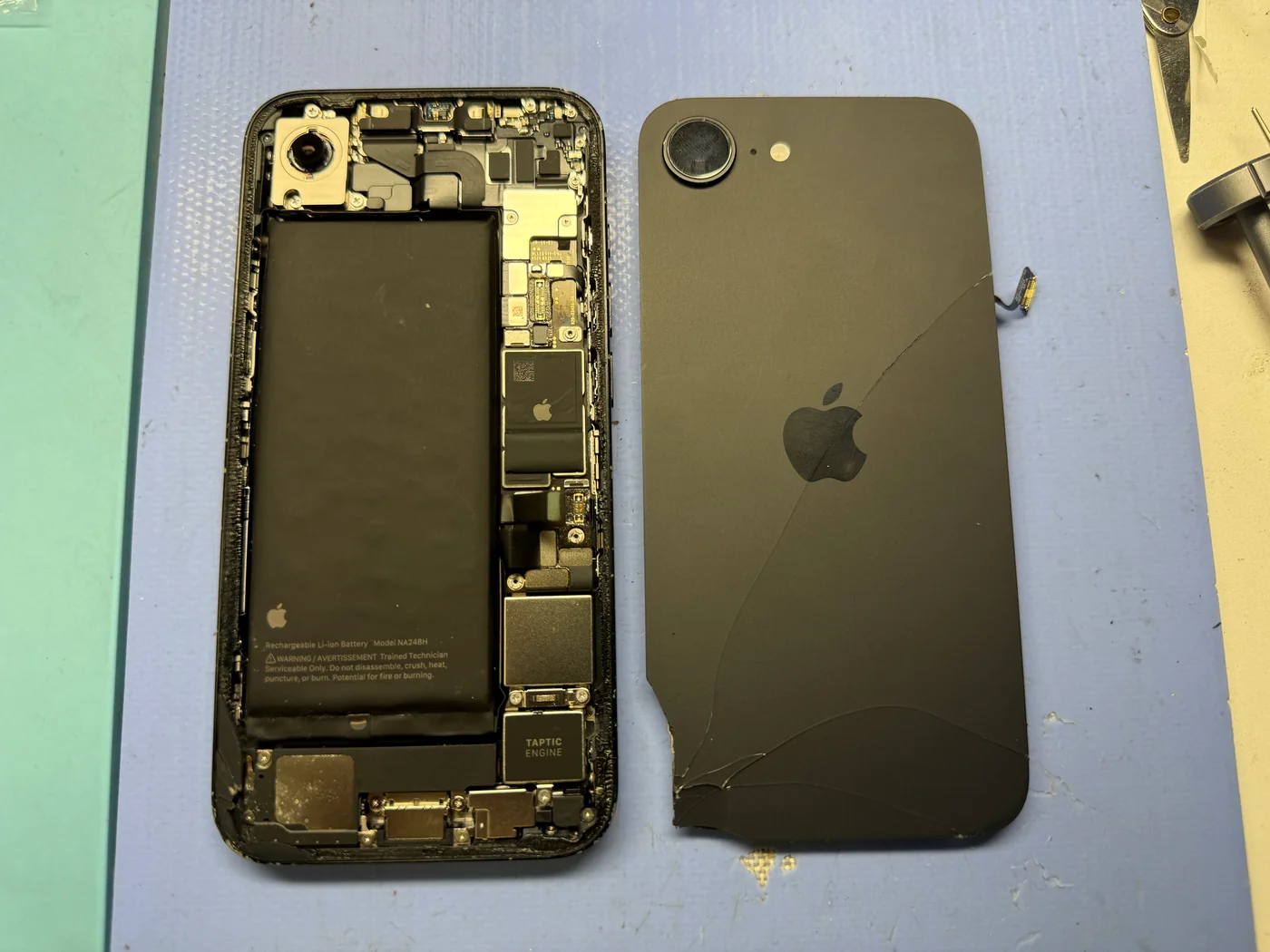 Swollen iPhone 16e battery exposed after the cracked back glass was removed