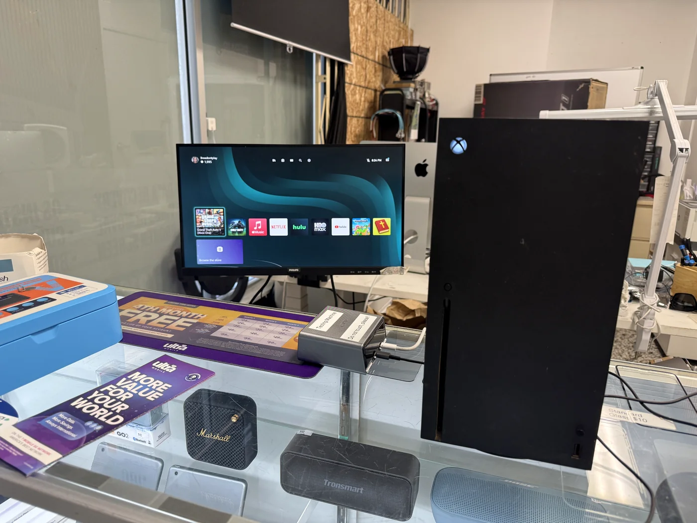 Xbox Series X showing the home screen on a monitor after HDMI port repair in Los Angeles